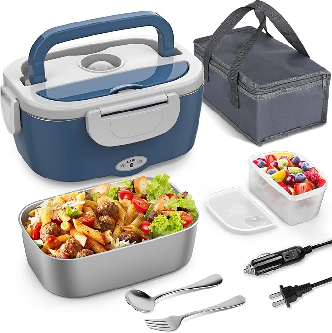 Vingud Electric Lunch Box for Adults, Heated Lunch Box Food Warmer, 80W Portable Heating Lunchbox for Men/Car/Truck with 1.5L Stainless Steel Container, 12V/24V/110V Lonchera El챕ctrica Port찼til Gift