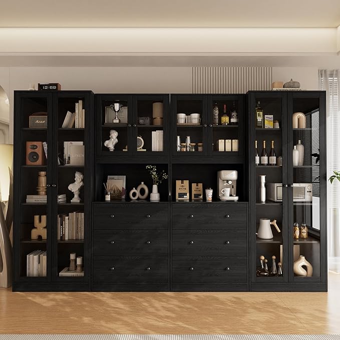 VOWNER 4PCS Bookshelf and Bookcase, 5-Tier Modern Bookshelves with 3 Large Drawer, Glass Display Cabinet with Lager Storage Shelf, Combination Storage Shelves for Home Office (Black)