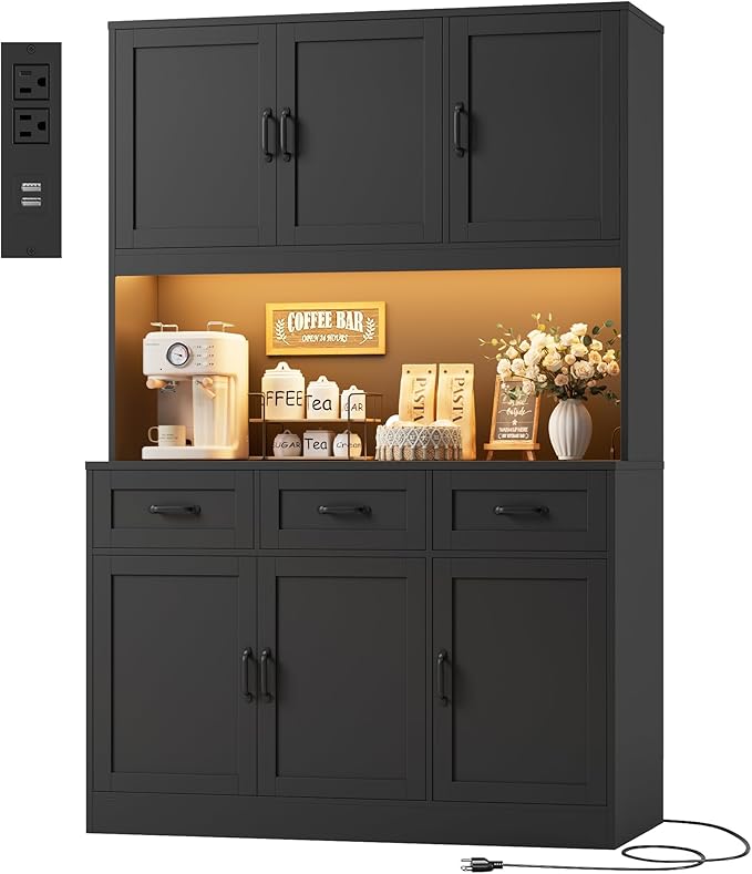 HOSTACK 72" Tall Kitchen Pantry Cabinet with Charing Station | LED Lights, 47" W Kitchen Pantry Storage Cabinet with Countertop, Modern Kitchens Hutch Cabinets with Storage for Dining Room, Black