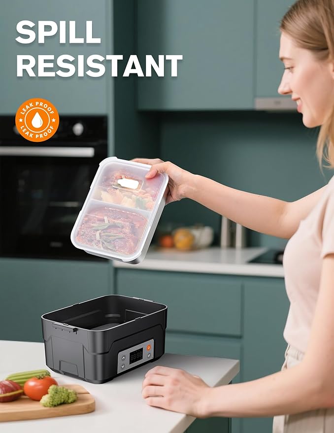 EAST OAK XL 6.3-Cup Cordless Electric Lunch Box for Adults, Heated Lunch Box for Men with Scheduled Heating, Portable Car Food Warmer with Utensils, Removable Divider