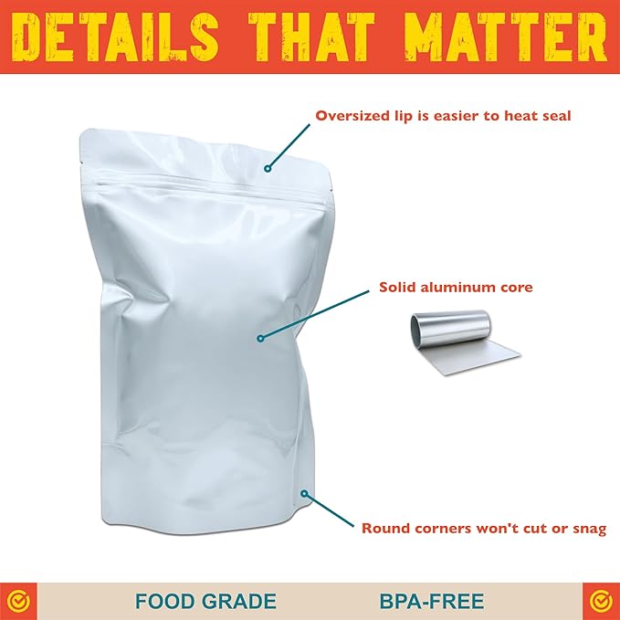 1 Quart Mylar Bags, 8 Mil per Side, Stand-Up Resealable Mylar Bags for Food Storage, Freeze Dryer [60-Pack | 7" x 10" x 4"]