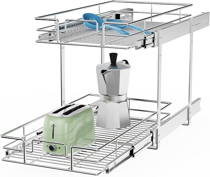 ROOMTEC Individual Pull Out Cabinet Organizer (12쩍" W x 21쩍" D), 2 Tier Spice Rack Organizer for Cabinet, Slide Out Drawer Pantry Shelf Organization and Storage for Kitchen Bathroom