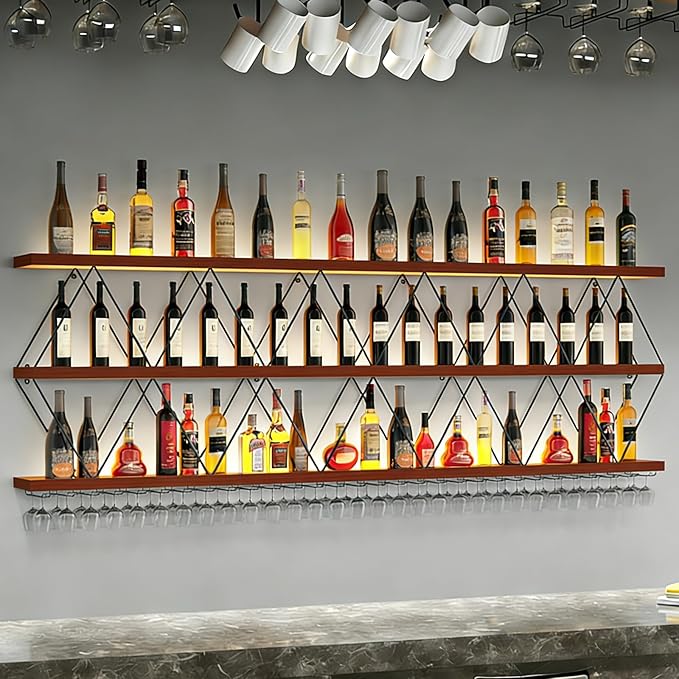 Large Wine Rack Wall Mounted Solid Wood DIY Floating Bar Liquor Bottles Storage Rack Hanging Holder Wine Bottle Racks for Home Bar Dining Room Decorative (47in/120cm)