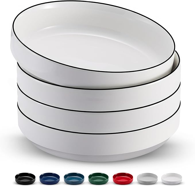 KooK Ceramic Large Pasta Bowls, Microwave and Dishwasher Safe, Great for Soups and Salads, Shallow Serving Bowls, Glossy Porcelain, 47 oz, Set of 4, French