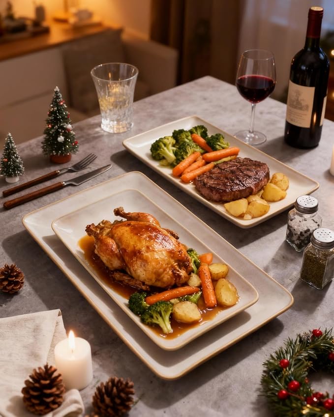 Famiware Serving Platter, Rectangular 15.67/14.1/12.6 inch Serving Dishes for Entertaining, Microwave Dishwasher Safe, Stonware Serving Trays for Party, Turkey, Cheese, Ocean Series, Cappuccino White