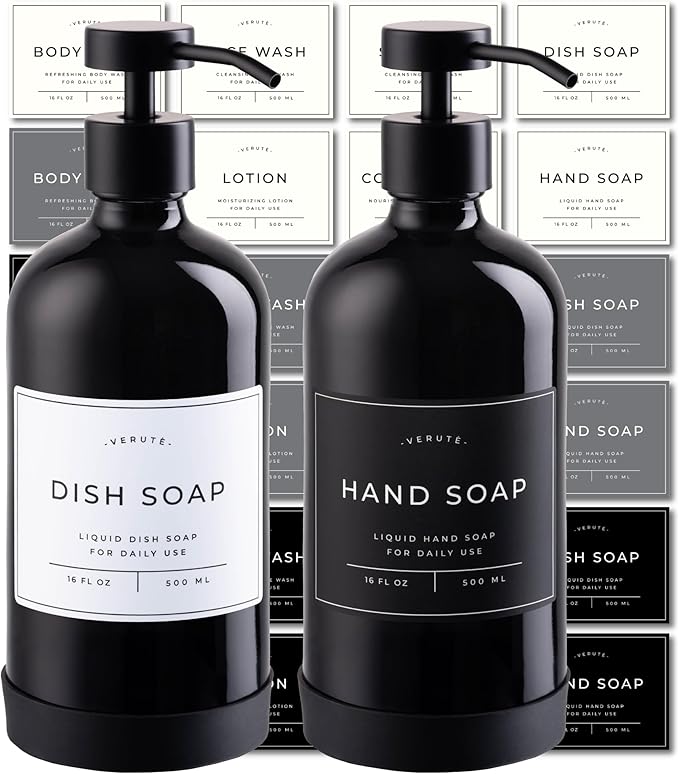 Hand and Dish Soap Dispenser for Kitchen and Bathroom, Set of 2 16 Oz Glass Bottles, Stainless Steel Pumps, Non-Slip Silicone Base, 27 Waterproof Labels (Gloss Black Bottle/Black Pump)