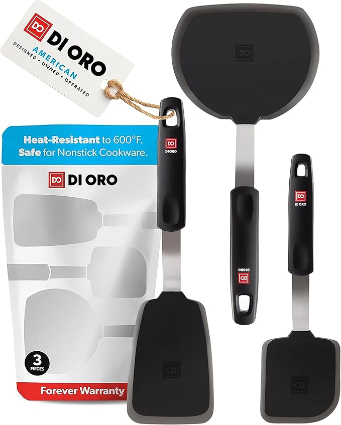 DI ORO Spatulas for Kitchen Use - Forever Warranty - 600째F Heat-Resistant Silicone - Turner Spatula Set for Cooking - BPA Free Wide Pancake Spatulas - Egg Flippers for Nonstick Cookware Safe (3pc)