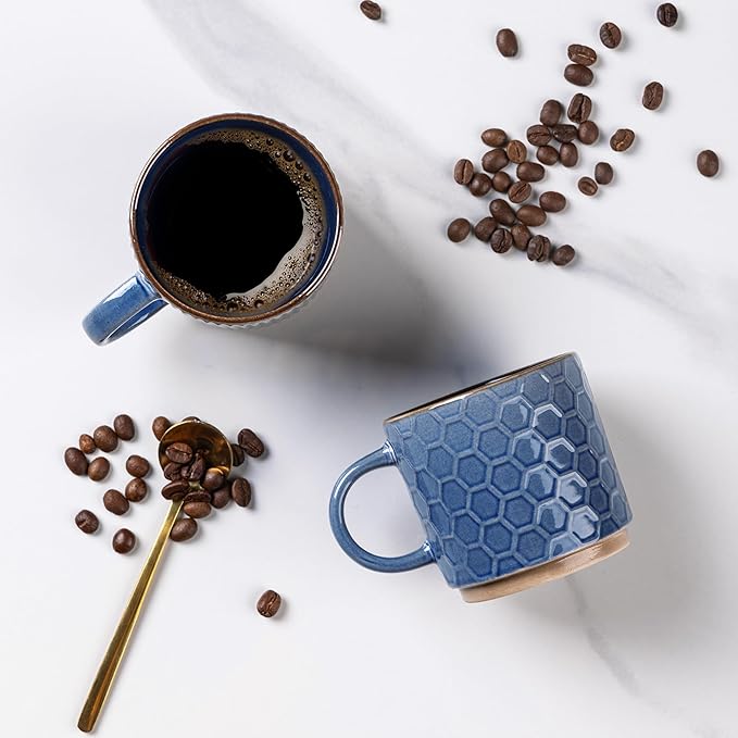 GBhome 8OZ Stackable Coffee Mugs, Ceramic Coffee Mugs with Texture Patterns for Man,Woman,Dad,Mom, Modern Coffee Cups Set of 4 for Espresso/Cappuccino/Cocoa. Dishwasher&Microwave Safe, Moonlight Blue