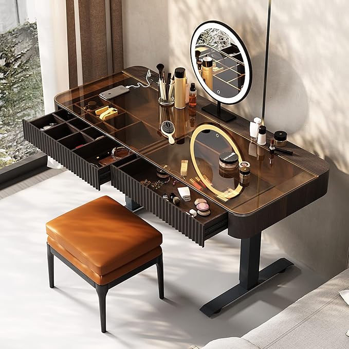 Lartis Vanity Table with Stool,Electric Lift Vanity Desk,Vanity Set竊똗p and Down Desk, Standing Vanity with Drawer (Black Brown, 50 in)