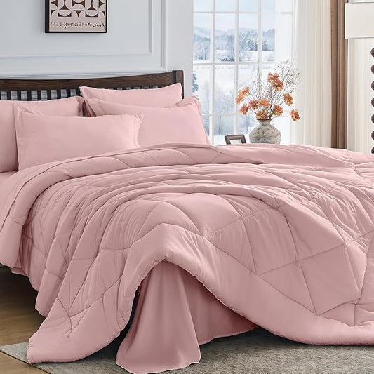 HEVUMYI Dusty Pink Full Comforter Set - 7-Piece All Season Bed in a Bag Full, Ultra Soft Bedding Set with Comforter, Flat Sheet, Fitted Sheet, Pillowcases, Pillow Shams