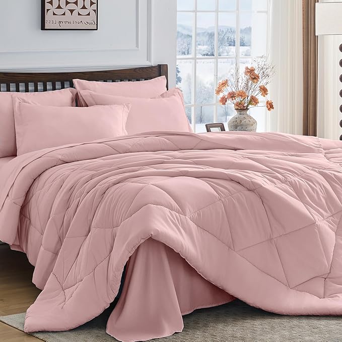 HEVUMYI Dusty Pink Cali-King Comforter Set - 7-Piece All Season Bed in a Bag Cali-King, Ultra Soft Bedding Set with Comforter, Flat Sheet, Fitted Sheet, Pillowcases, Pillow Shams