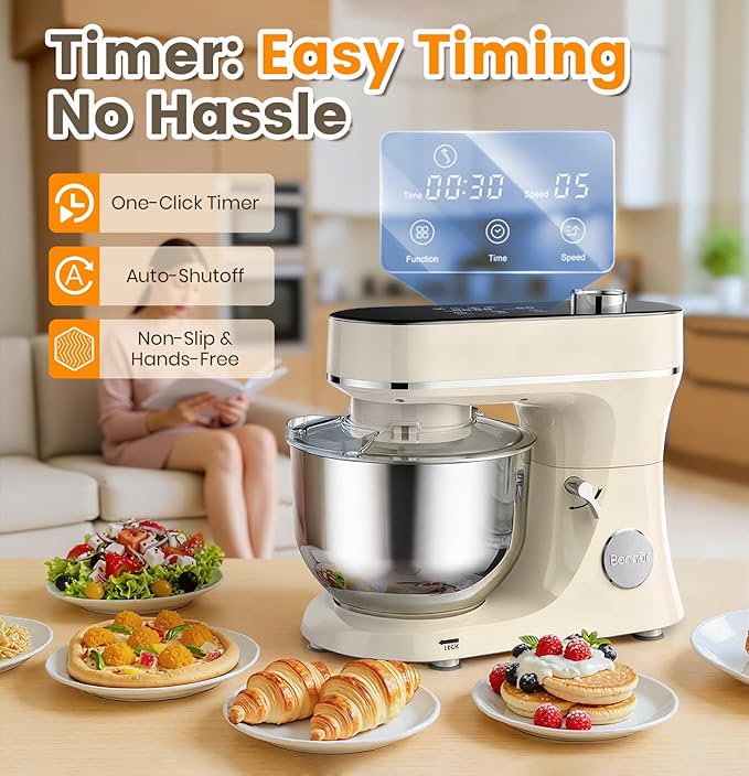 Stand Mixer 6QT Kitchen Mixer with LED Smart Touchscreen, 11-Speed Tilt-Head Mixer with Timer, 4 Preset Menus, Stainless Steel Bowl, Dough Hook, Whisk, Beater,White