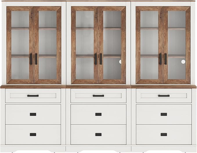 WAMPAT 3 Column 3 Tier Pantry Cabinet with Drawer,73.3" Tall Floor Standing Cupboard,Modern Farmhouse Kitchen Buffet with Adjustable Shelves and Glass Door for Dining Room,Living Room,White Oak