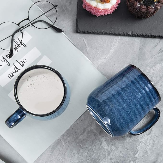 HASENSE Coffee Mugs, 15 Ounce Porcelain Mugs Set of 2 with Handle for Morning Coffee Tea and Cocoa, Ceramic Coffee Cups Gift Box with Beautiful Glaze Coasters Spoons for Men and Women, Navy