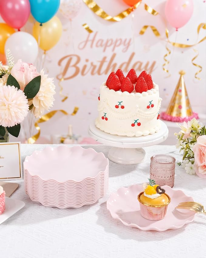 LIYH 20 Pcs 7.5 Inch Pink Scalloped Plastic Plates Reusable - Unbreakable Plastic Cake Dessert Plates for Weddings Party Outdoor Picnics Dishwasher Safe BPA Free (20Guests)
