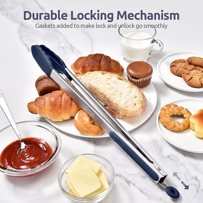 600쨘F Heat Resistant Kitchen Tongs: U-Taste 16 in Extra Long Large Silicone Cooking Tong with Non Stick Rubber Tips & Non Slip Silicon Coated 18/8 Stainless Steel Handle for Grill BBQ (Midnight Blue)