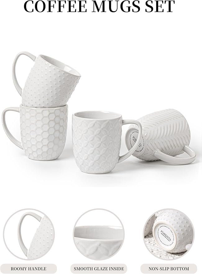 Coffee Mugs Set of 4, 12oz Ceramic Mug Set with Embossment, Stackable Mugs for Coffee/Tea/Latte/Cappuccino, Microwave & Dishwasher Safe, Gift for Men & Women