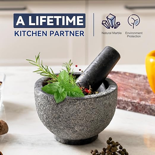Koville African Natural Granite Mortar and Pestle Set, Grinder Bowl for Guacamole, Salsa, Pill Crusher, Spice, Herb, Garlic, Nut, Heavy Duty Grinder for Kitchen (Sandblasted Finish)