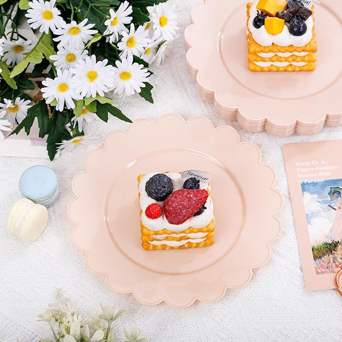 SUT 72-Count Pink Plastic Plates Disposable 7.5 Inch - Scalloped Edge Dessert Plates for Valentine?셲 Day, Parties, Birthdays, Weddings | Lightweight & Durable Disposable Dinnerware (72 Pack)