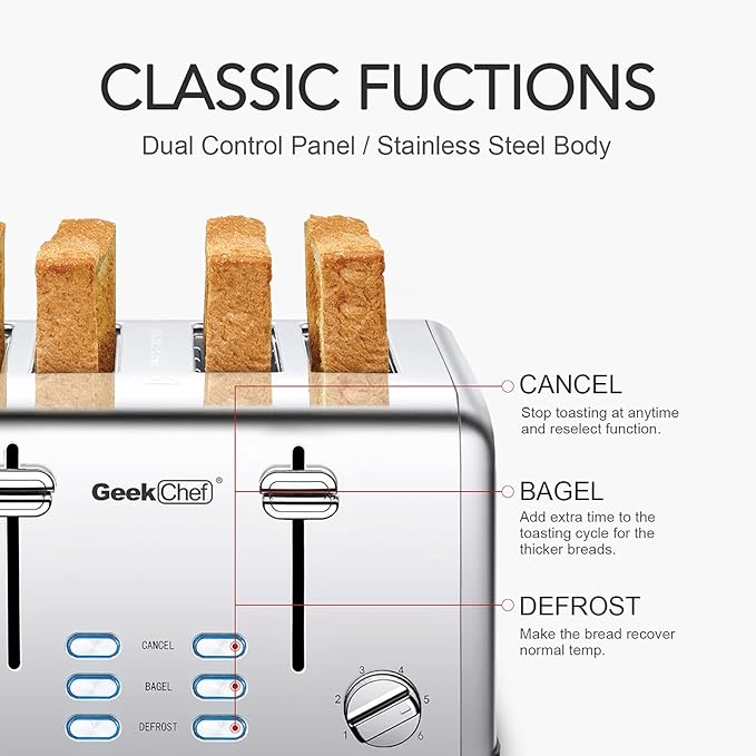 Toaster 4 Slice, Geek Chef Stainless Steel Toaster with Extra Wide Slotsï¼? Slot Toaster with Bagel/Defrost/Cancel Function, Dual Control Panel of 6 Toasting Bread Shade Settings, Removable Crumb Trays, High Lift Lever, ETL
