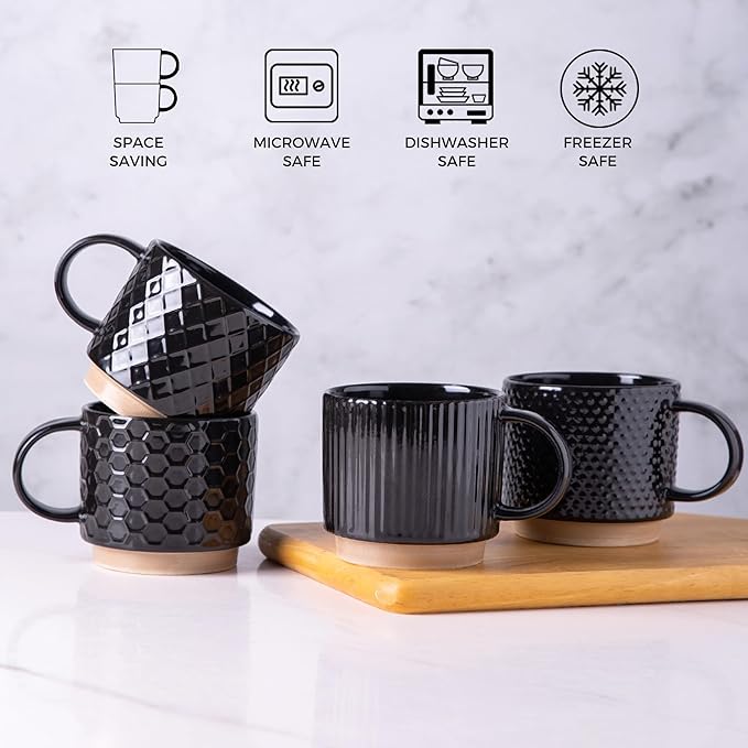 GBhome 6OZ Stackable Coffee Mugs, Ceramic Coffee Mugs with Texture Patterns for Man,Woman,Dad,Mom, Modern Coffee Cups Set of 4 for Espresso/Cappuccino/Cocoa. Dishwasher&Microwave Safe, Black