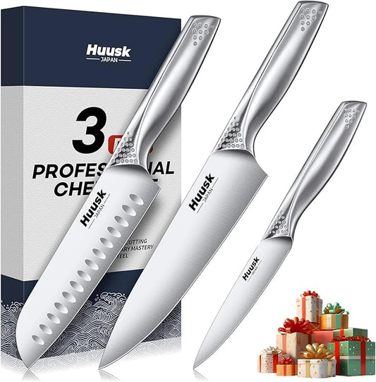 Huusk 3 Pieces Knife Set - Japanese Stainless Steel Kitchen Knife Sets, Professional Ultra Sharp Chef Knives Set with Ergonomic Handle, Gift for Birthday, Christmas Gifts for Men and Women