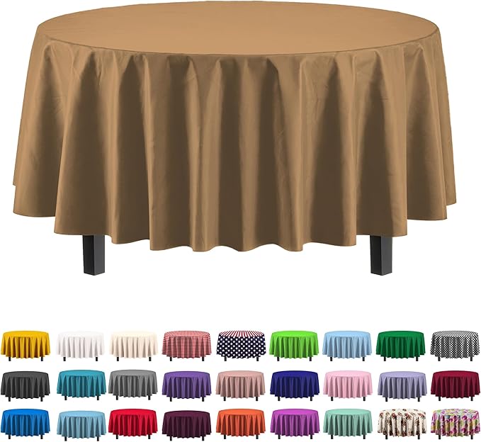 Party Solids 6-Pack Premium Plastic Tablecloth 84in. Round Plastic Table Cover - Gold