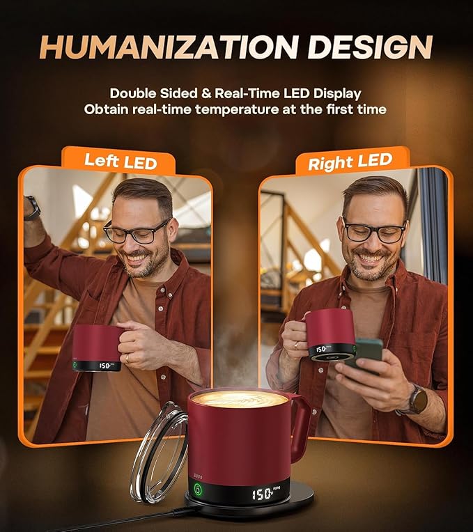 Heated Coffee Mug Rechargeable - Temperature Control Self Heating Coffee Mug 14oz with Lid, Double Sided & Real-Time LED Display, Hot up to 150?? Birthday Gifts for Women and Men(Red)