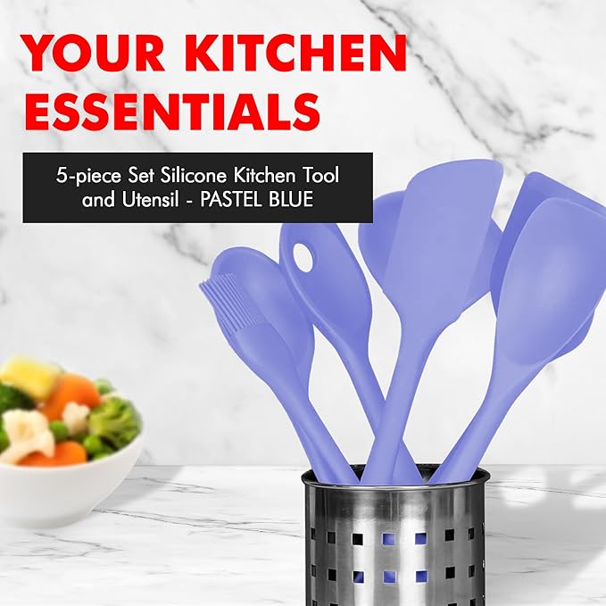 Chef Craft - Premium Silicone Kitchen Tools and Utensils Set, Non-Scratch, Withstands Temperatures up to 450째F, BPA-Free, 5 Piece Cooking Utensils Set, Pastel Blue