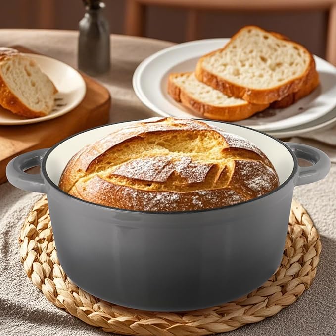 6 Quart Enameled Cast Iron Dutch Oven Pot with Lid, Oven Safe up to 500째F or on Stovetop, Non-stick Dutch Oven for Bread Baking, Cooking, Dual Handles Cookware, Grey