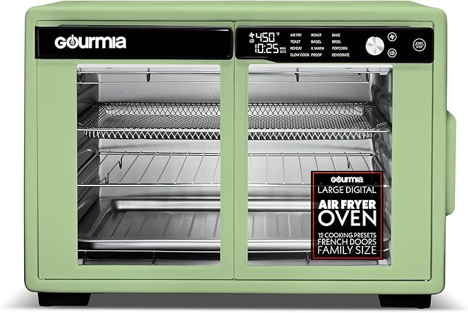 Gourmia French Door Air Fryer Oven - 37 Qt Large Capacity Convection Toaster Oven, FryForce 360°, Digital Display, 12 Cooking Presets, Dehydrate, Fits 13??Pizza, Dishwasher-Safe, Green