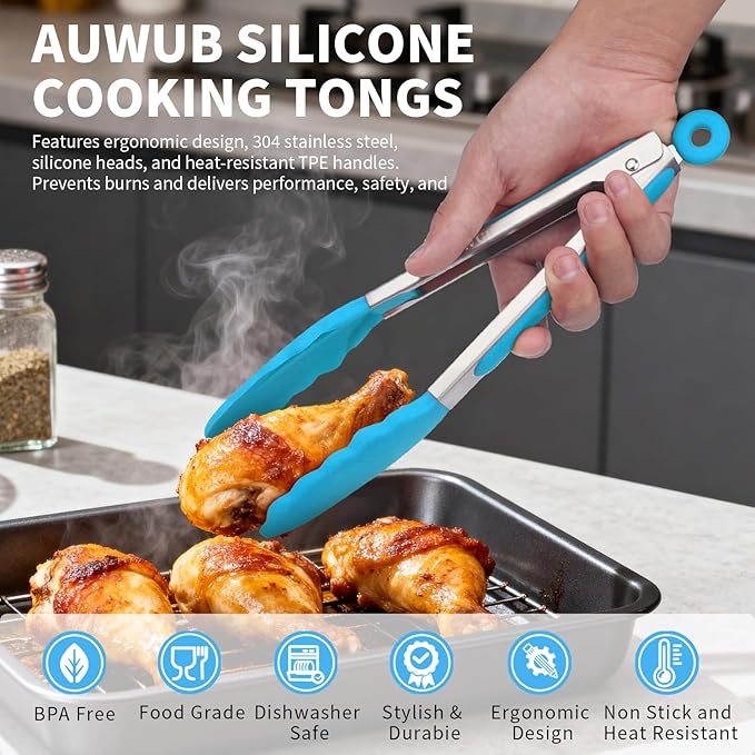 Salad Tongs, 7/9/12/16 Inch Silicone Food Tongs with 304 Stainless Steel Core, Easy-Grip, in Pistachio, Black, Blue, Orange, Red (Blue, 9+12inch)