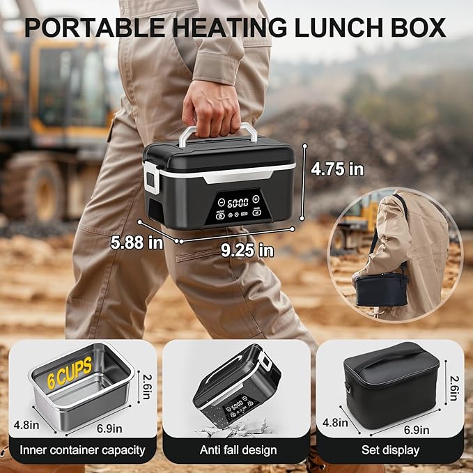 ISNIKA Cordless Heated Lunch Box For Adults, 1.5L (6 Cups) Rechargeable Electric Lunch Box Battery Powered With Scheduled Heating, Automatic Heating,Portable Food Warmer With Insulated Bag (Black)