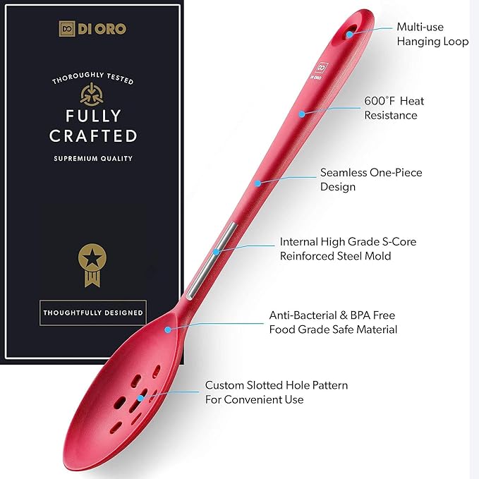 DI ORO Silicone Slotted Spoon - 600째F High Heat Silicone Spoon for Cooking Nonstick Cookware Safe - Silicone Kitchen Spoon for Serving & Stirring - Large Spoon for Mixing - Dishwasher Safe (Red)