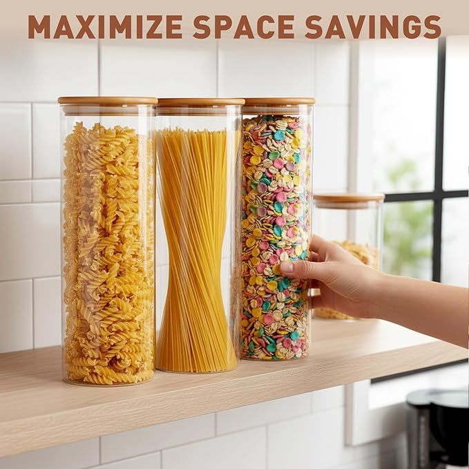 Glass Storage Jars with Bamboo Lids,3pcs Glass Pasta Storage Containers Food Storage with Bamboo Lids for Pasta,Flour,Cereal,Sugar,Cookie