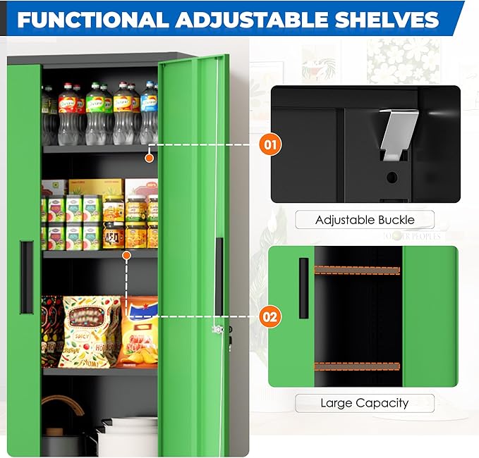 INTERGRAET 63" Tall Pantry Cabinet,Kitchen Pantry Storage Cabinets with 2 Doors and 4 Shelves,Black Green Metal Storage Cabinet,Cupboard for Home,Kitchen,Living Room/Dining
