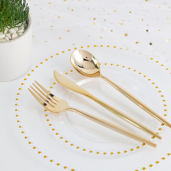 EI 60pcs Clear Plastic Plates with Gold Rim,Disposable Plastic Plates for Party,Fancy Dinner/Dessert Plate Heavy Duty for Wedding,Birthday,Afternoon Tea,Spring,Mother's Day,Valentine's Day,Easter