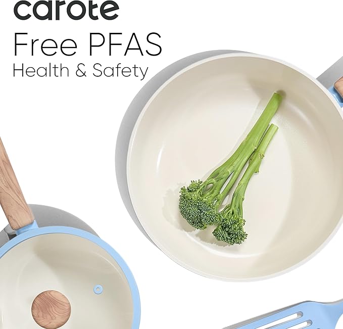 CAROTE 16pcs Ceramic Cookware Set, Pots and Pans Non Stick Kitchen Cookware Sets, Pots and Pans Set Cooking Set with Knife Set