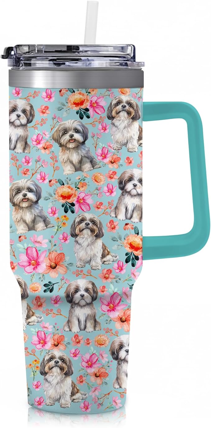 Yogusut Shih Tzu Gifts for Women, 40oz Stainless Steel Insulated Tumbler Travel Mug Cup with Handle Straw, Gifts for Dog Mom Dog Lover