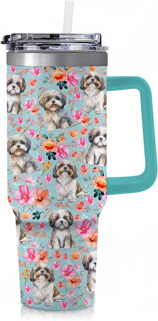 Yogusut Shih Tzu Gifts for Women, 40oz Stainless Steel Insulated Tumbler Travel Mug Cup with Handle Straw, Gifts for Dog Mom Dog Lover