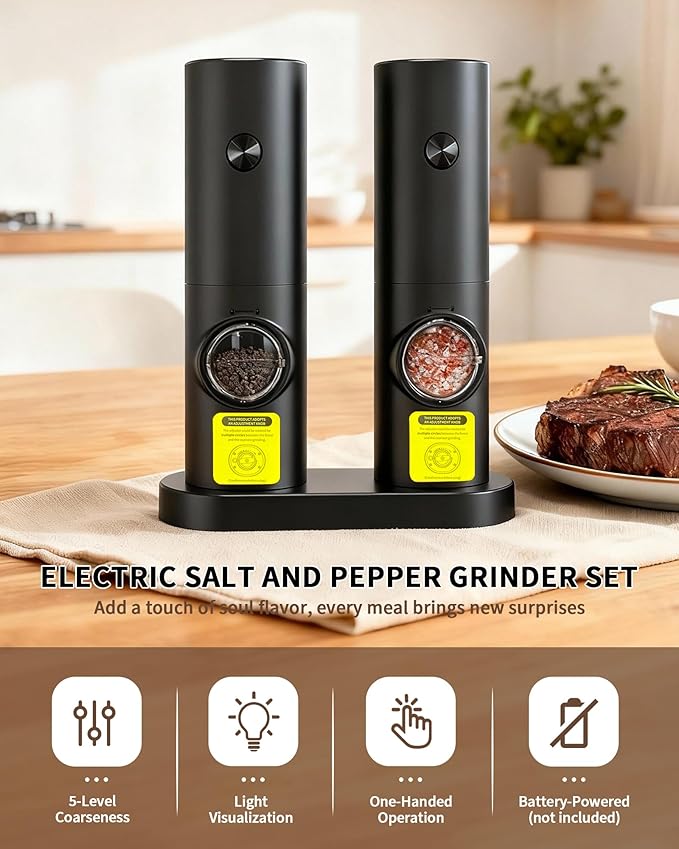 Electric Salt and Pepper Grinder Set, Upgraded Automatic Battery Pepper Mill Shakers with Adjustable Coarseness & LED, Home and Kitchen Appliances for Cooking, Housewarming Gifts 2 Pack