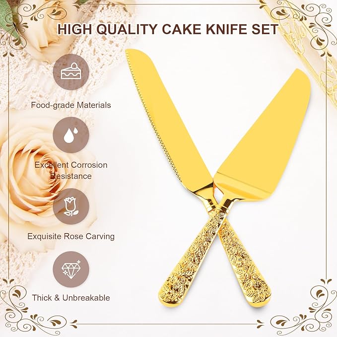 Gold Cake Cutting Set, 2 PCS Wedding Cake Knife and Server Set, Vintage Engraved Cake Cutter and Serving Spatula for Wedding, Birthday, Anniversary, Party