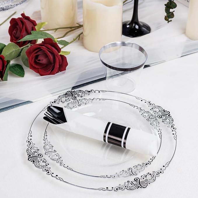 Hioasis 350pcs Clear and Black Plates - Black Party Plates for 50 Guest, Include 100 Heavy-duty Plates(20% Thicker Than Standard), 50 Pre Rolled Gold Plastic Silverware Set, 50 Cups