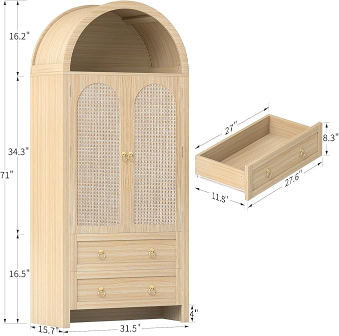 71" Arched Cabinet Kitchen Pantry Cabinet with Rattan Doors, Storage Cabinet with Drawers & Height Adjustable Shelves, Hutch Cabint with Storage, Tall Arched Bookcase for Dining Room Kitchen, Natural