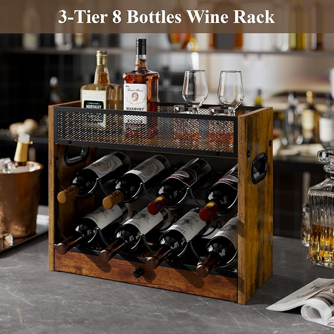 3-Tier Countertop Wine Rack, Coffee Syrup Rack Organizer With Drawer for Coffee Bar, Tabletop Liquor Bottle Display Shelf for Home Kitchens, Restaurants and Bar Counters, Holds up to 18 Bottles