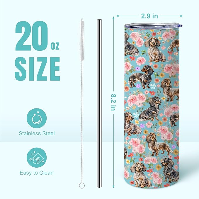 Yogusut Dachshund Gifts for Women, 20oz Stainless Steel Insulated Tumbler Travel Mug Cup with Lid Straw Brush, Gifts for Dog Mom Dog Lover