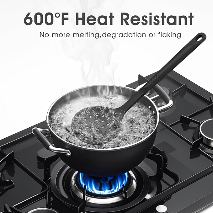 Silicone Cooking Utensils Set - 600째F Heat Resistant, Nonstick Kitchen Utensil Set with Spatulas, Spoons, Whisk, Tongs, BPA Free, Dishwasher Safe, Black