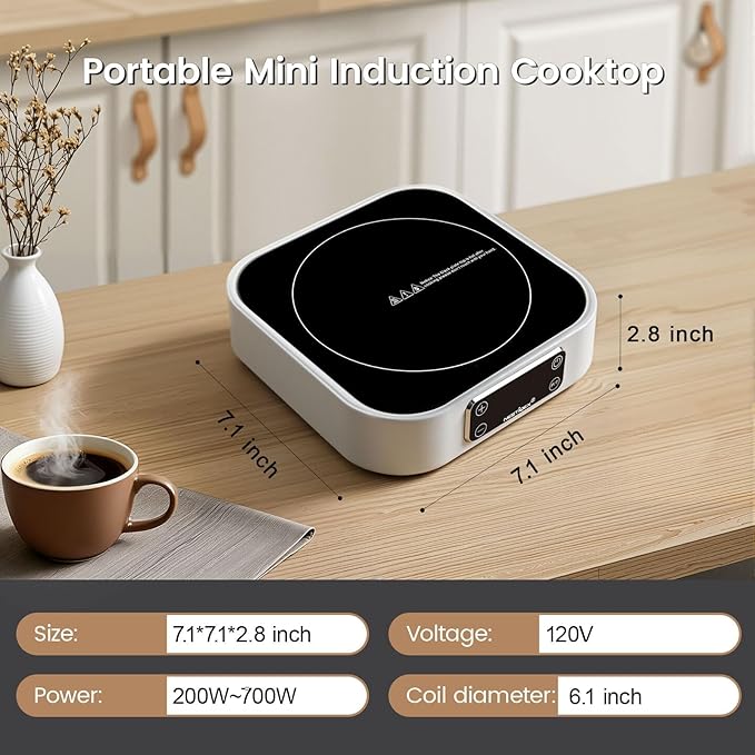 Mini Induction Cooktop 700W, 120V Portable Single Induction Burner ??Compact Electric Hot Plate for Small Kitchens, Travel, RV, Camping ??Quick Heat for Coffee, Tea, Flameless, Easy-Clean