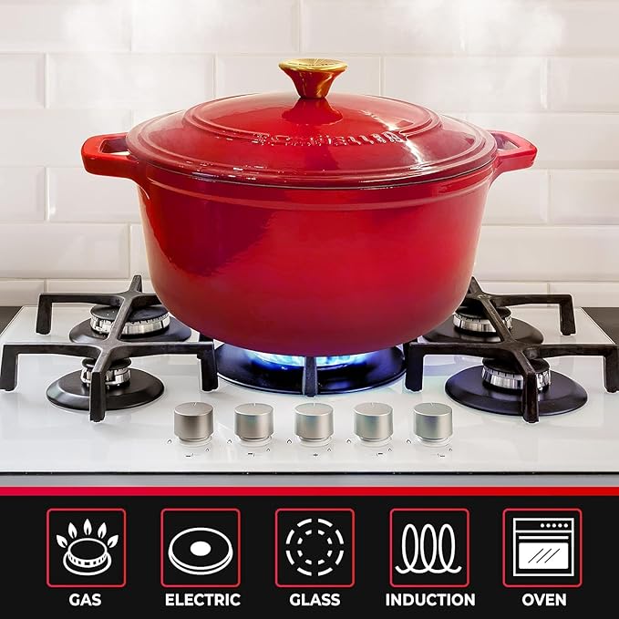 MUELLER HOME 4.5 QT Enameled Cast Iron Dutch Oven, Heavy-Duty Casserole Dish and Braiser Pan with Lid and Stainless Knob, Oven-Safe up to 500째 F & Across All Cooktops, Red