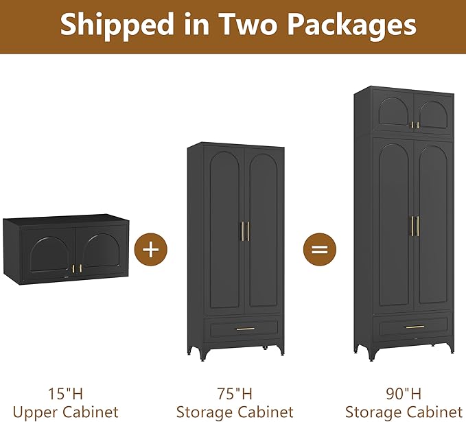 Kitchen Pantry Cabinet, 90" Tall Metal Pantry Cabinet, Food Cupboards with One Drawer, Freestanding Storage Cabinets for Dining, Living Room, Black,16" D x 32" W x 90" H, Assembly Required